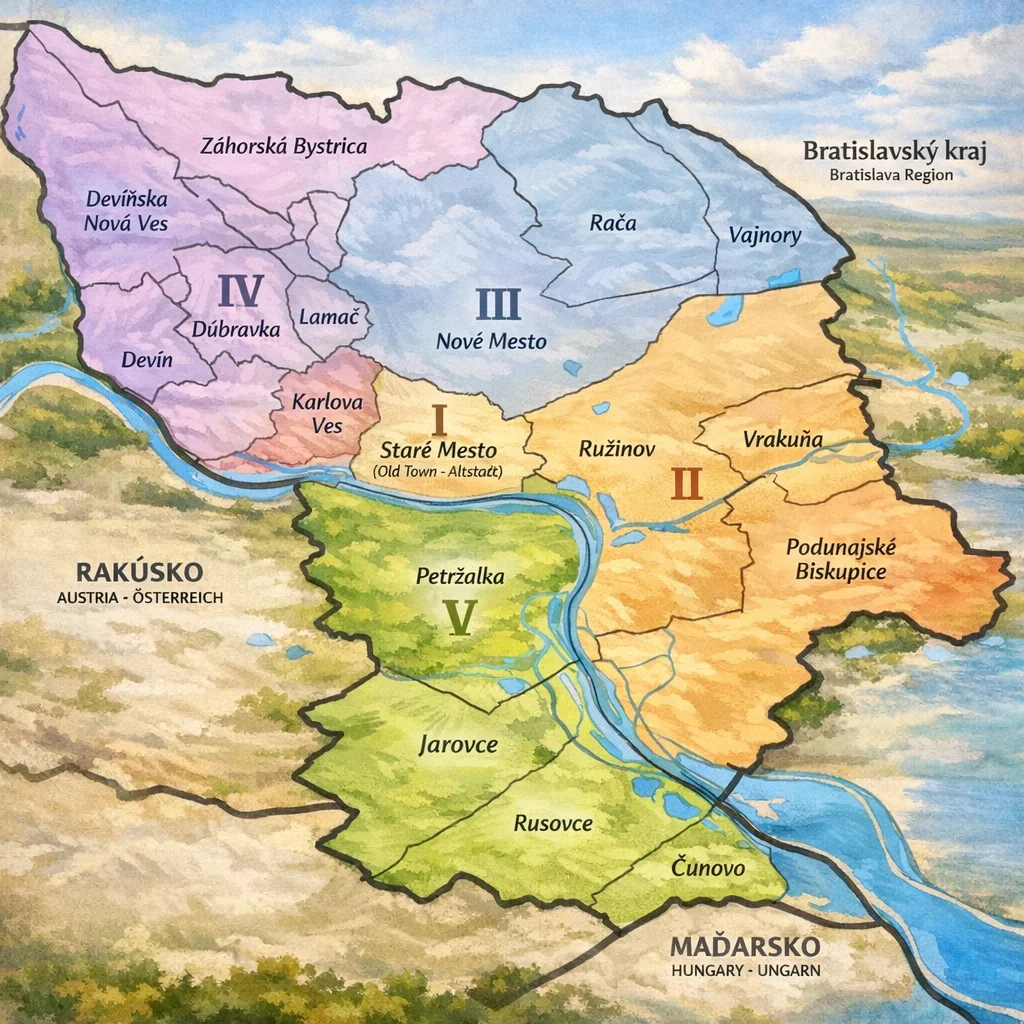 Mapa Bratislavy a jej okresov